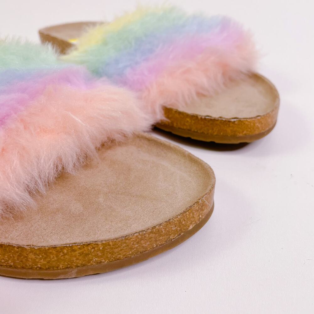 Sugar Bravoes Fuzzy Tie Dye Open Toe Slide Sandals Pastel Rainbow size 10 NEW - Picture 5 of 11